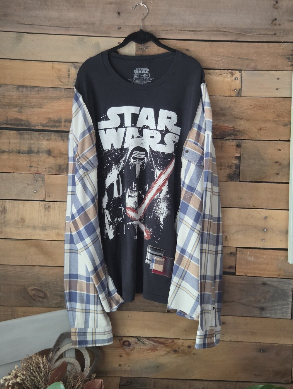 Upcycled Star Wars Black Graphic Tee with Blue and Tan Plaid Sleeves